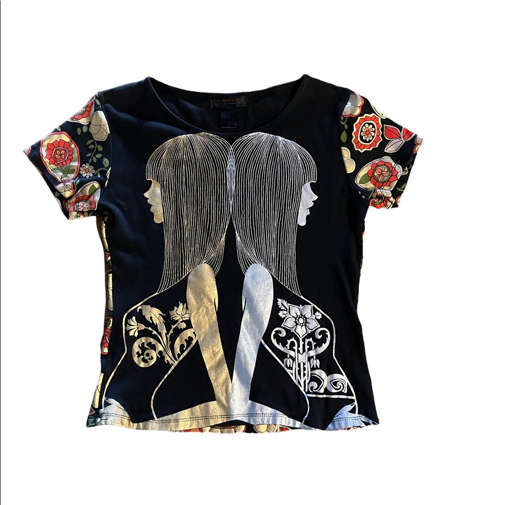 Custo Barcelona Black Tee with Metallic Silver & Gold Graphic and Floral Sleeves